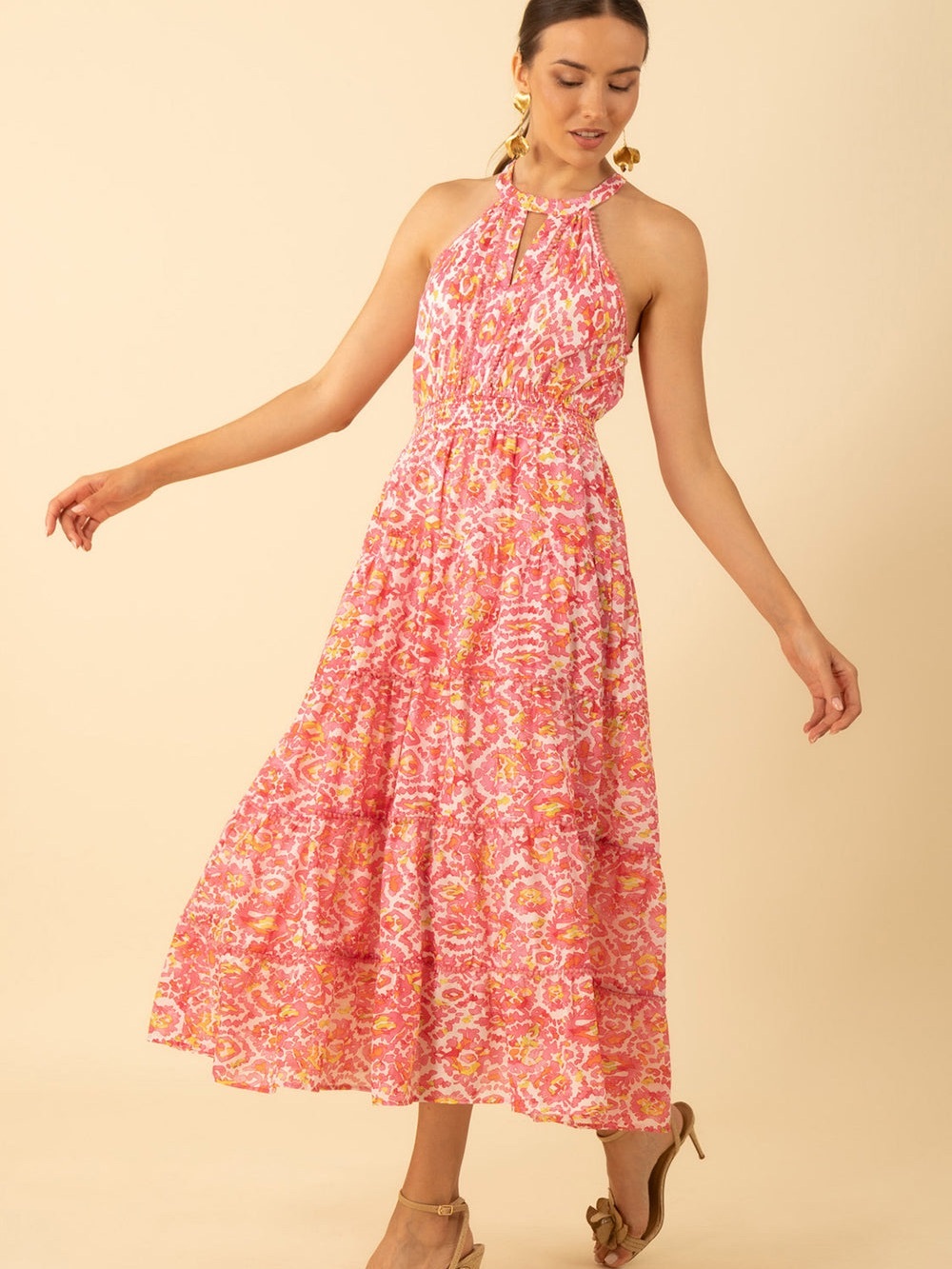 Hale Bob NWOT Pink Floral Halter Midi Dress 100% Cotton